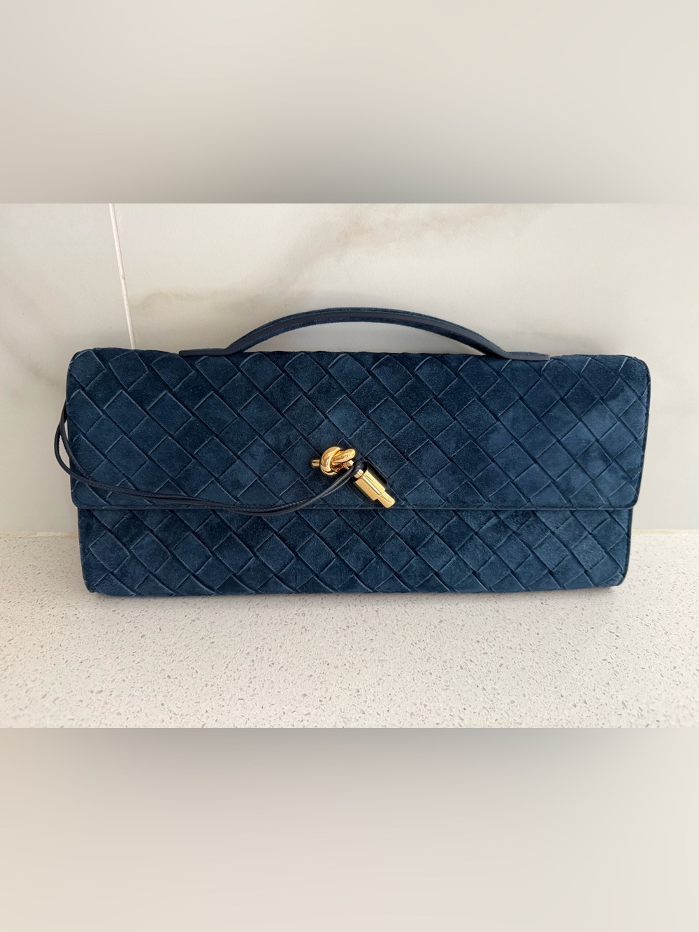 BOTTEGA VENETA Suede Intrecciato Long Andiamo Top Handle Clutch Nocturnal